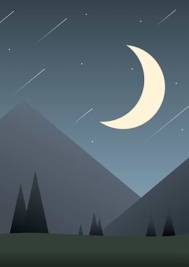 Minimalist Night Landscape with Moon