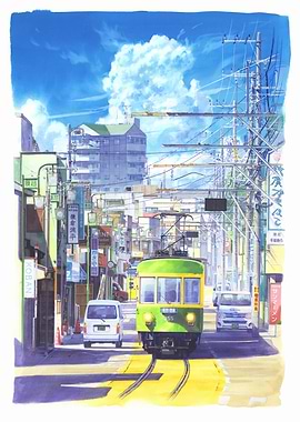 Japanese Street Scene with Green Tram