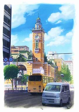 Cityscape with Clock Tower and Vehicles
