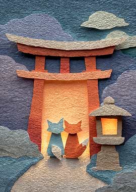 Foxes at Torii Gate Paper Art