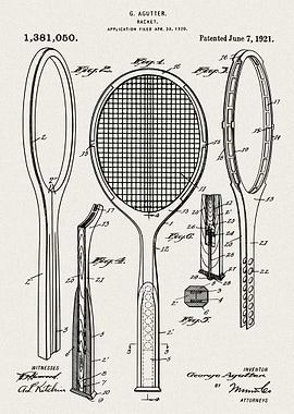 Tennis Racket Patent Drawing, 1921