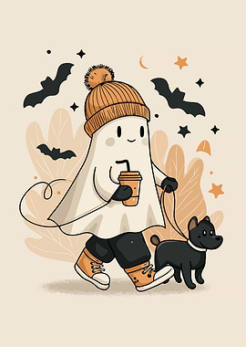 Cute Ghost Walking Dog Illustration