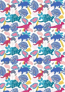 Dinosaur and Tropical Leaves Pattern