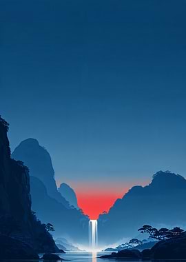 Blue Mountain Landscape with Waterfall