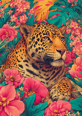 Leopard in Tropical Floral Paradise