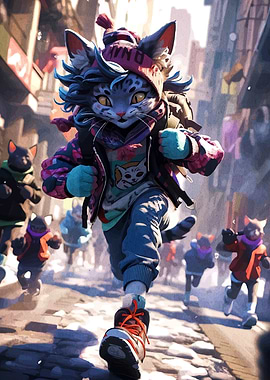 Anthropomorphic Cat Running in Cityscape