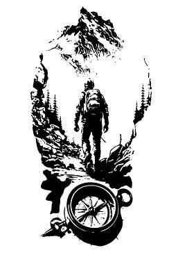 Hiker's Journey with Compass and Mountain