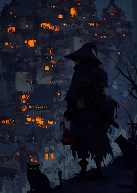 Witch and Cats Overlooking a Village