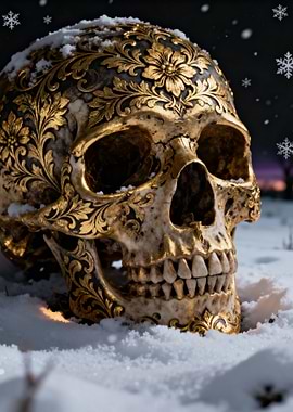 Ornate Golden Skull in Winter Snow
