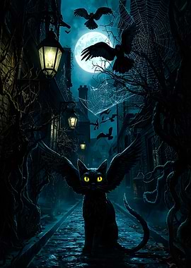 Winged Black Cat in Spooky Alley
