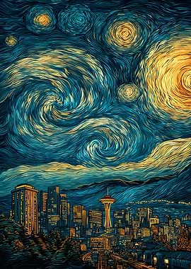 Seattle Skyline Starry Night Art