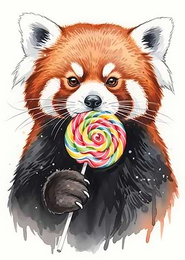 Red Panda with Lollipop Watercolor Art