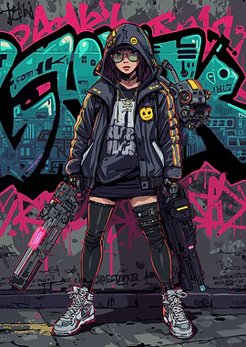 Digital Art of Women Warrior with Robot