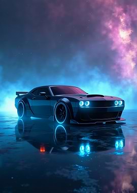 Sleek Car with Neon Lights Reflection