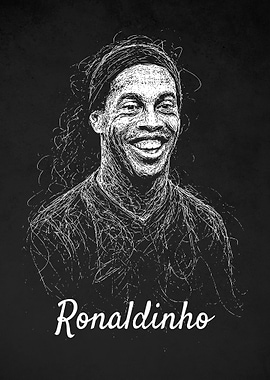 Ronaldinho Portrait - White Sketch on Black Scribble Art