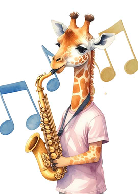 Giraffe playing saxophone watercolor illustration