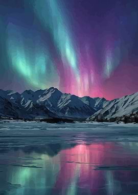 Aurora Borealis over Snowy Mountains