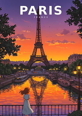 Vintage Anime Paris Skyline with Eiffel Tower
