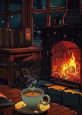 Cozy Fireplace Scene with Coffee