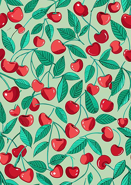 Cherry Pattern with Green Leaves