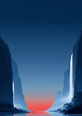 Blue Landscape with Waterfalls and Sunset