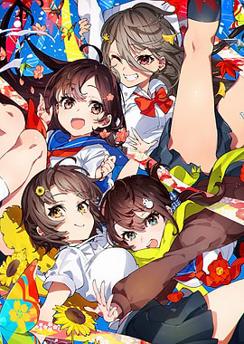 Anime Girls Group Portrait with Floral Accents