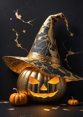 Golden Halloween Pumpkin with Witch Hat