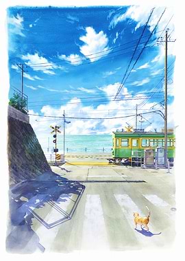 Coastal Townscape with Tram and Cat