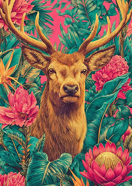 Deer in Tropical Floral Paradise