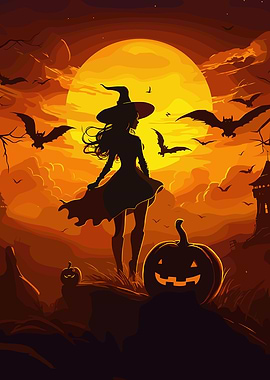 Halloween Witch Silhouette with Pumpkins