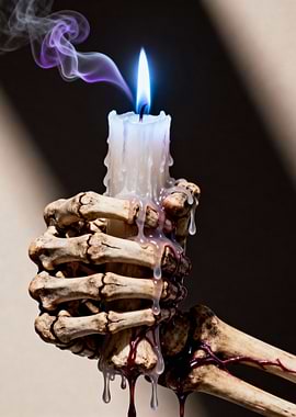 Skeleton Hand Holding Candle with Smoke