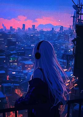 Anime Girl Overlooking Cityscape at Night