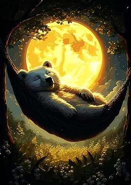 Sleeping Bear in Hammock Under Moon