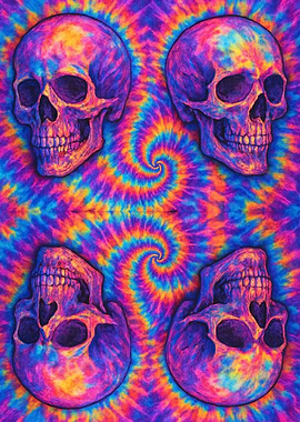 Psychedelic Skulls on Tie-Dye Background