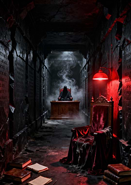 Dark Tribunal: Hooded Figure in Stone Hall