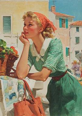 Vintage Market Day – Retro Woman with Red Bandana