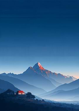 Mountain Landscape with Building at Sunrise