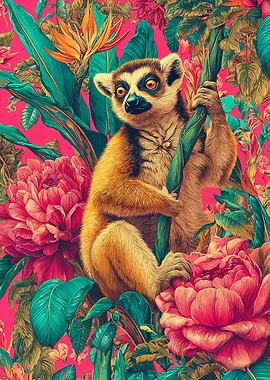 Lemur in Tropical Floral Paradise