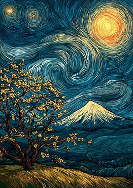 Starry Night Landscape with Mount Fuji