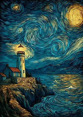 Lighthouse at Night with Swirling Sky