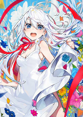 Anime Girl in White Dress with Flowers