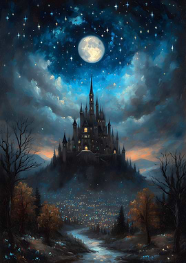 Fantasy Castle Under Moonlight