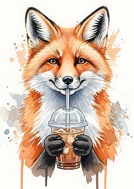 Fox Watercolor Drinking Iced Coffee