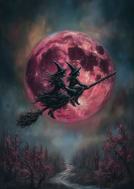 Witches Flying on Broomstick with Red Moon