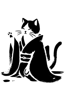 Cat in Kimono Black and White Art
