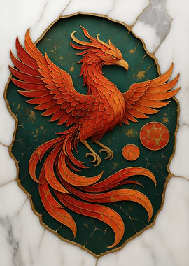 Phoenix on Emerald and Marble Background