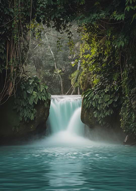 Turquoise Waterfall in Lush Green Forest