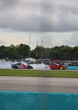 Two cars drifting on a race track