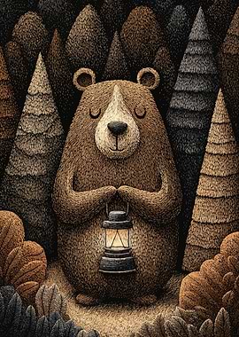 Bear with Lantern in Forest