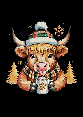 Highland Cow Christmas Fluffy Cozy Cute Gold Golden Winter Xmas Trees Holiday Season